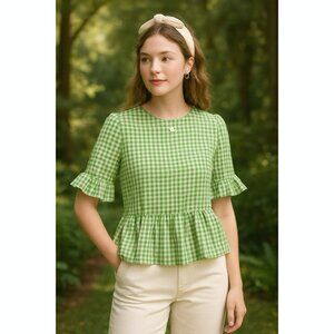 LaRoque Women’s Medium Original Green Gingham Check Top Cottagecore Preppy Chic